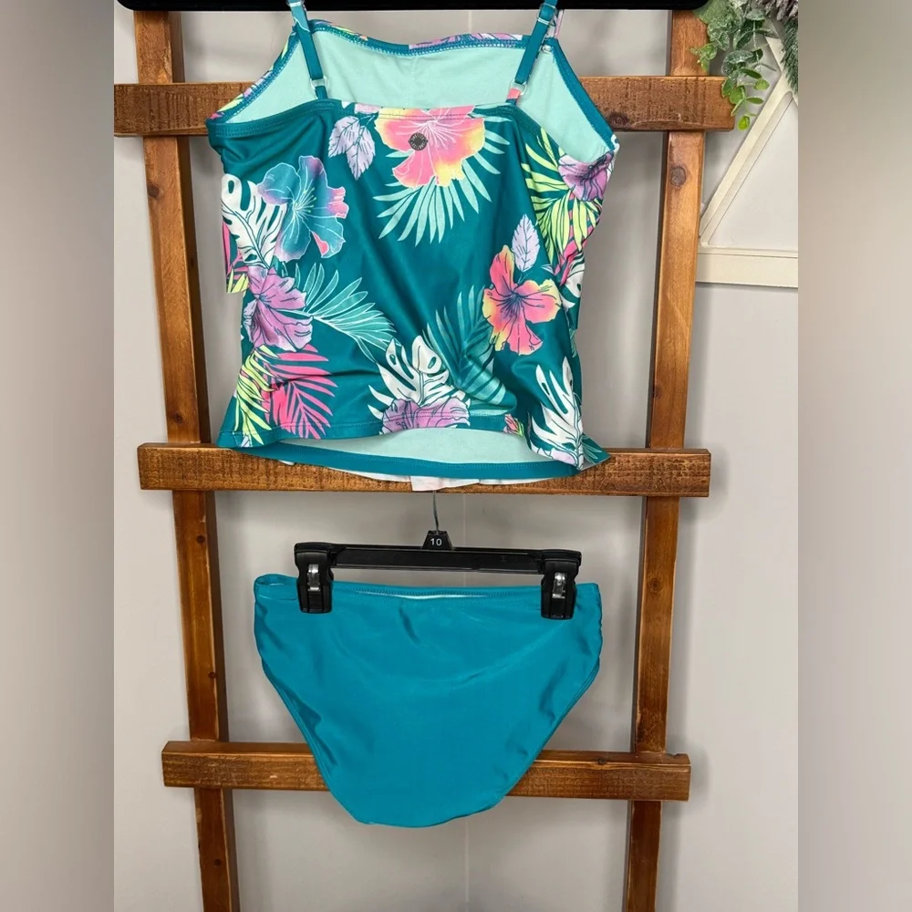 Justice Teal and Pink Tropical Bikini with Ruffled Design